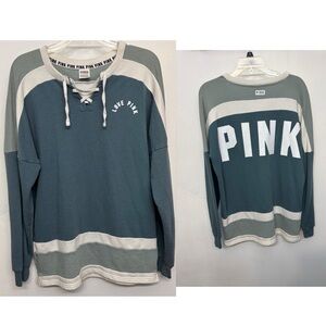 Victoria's Secret PINK Teal & Cream Front Lace-Up V Neck Pullover Sweater Size S